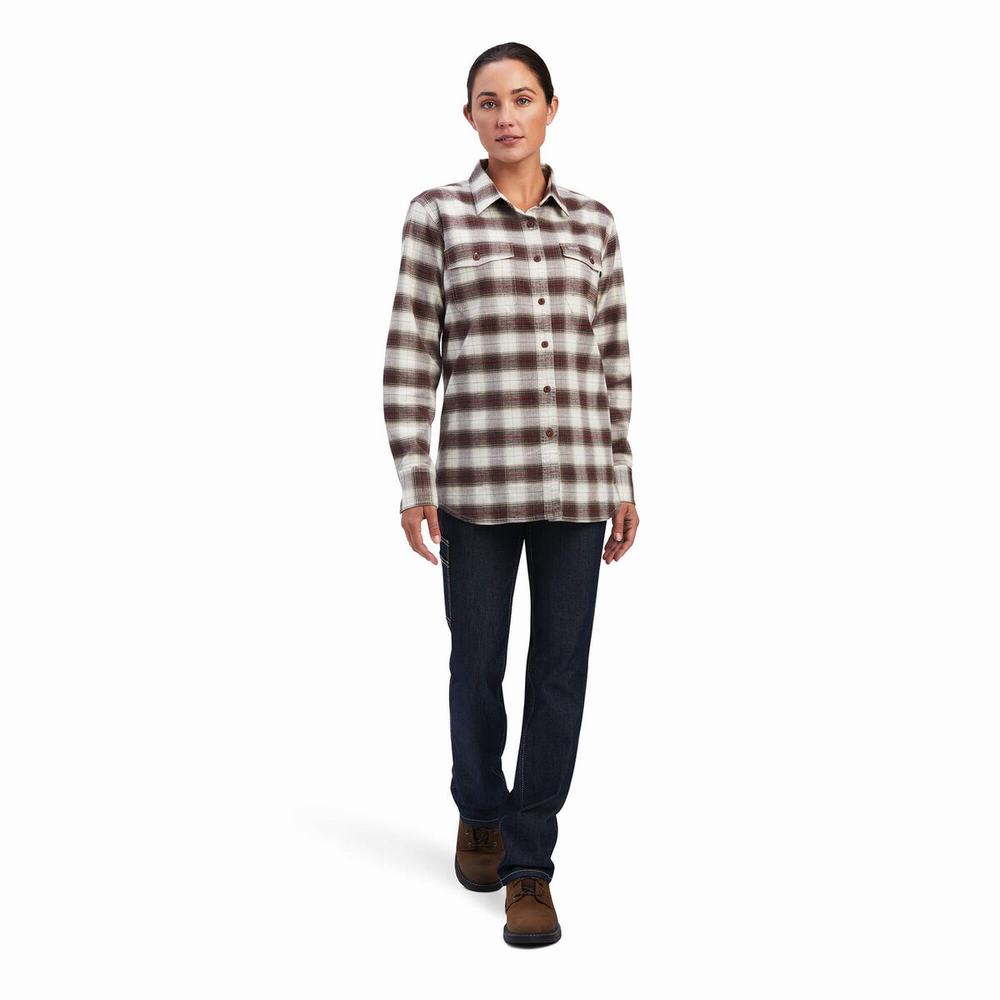 Ariat Rebar Flannel DuraStretch Hemd Damen Weiß | 948VJIESD